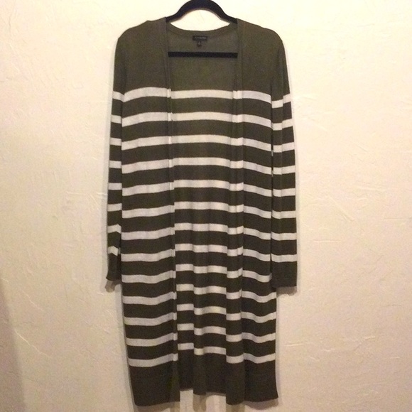 Talbots 100% Linen Olive Green & White Striped Longline Openfront Cardigan S - Picture 2 of 7
